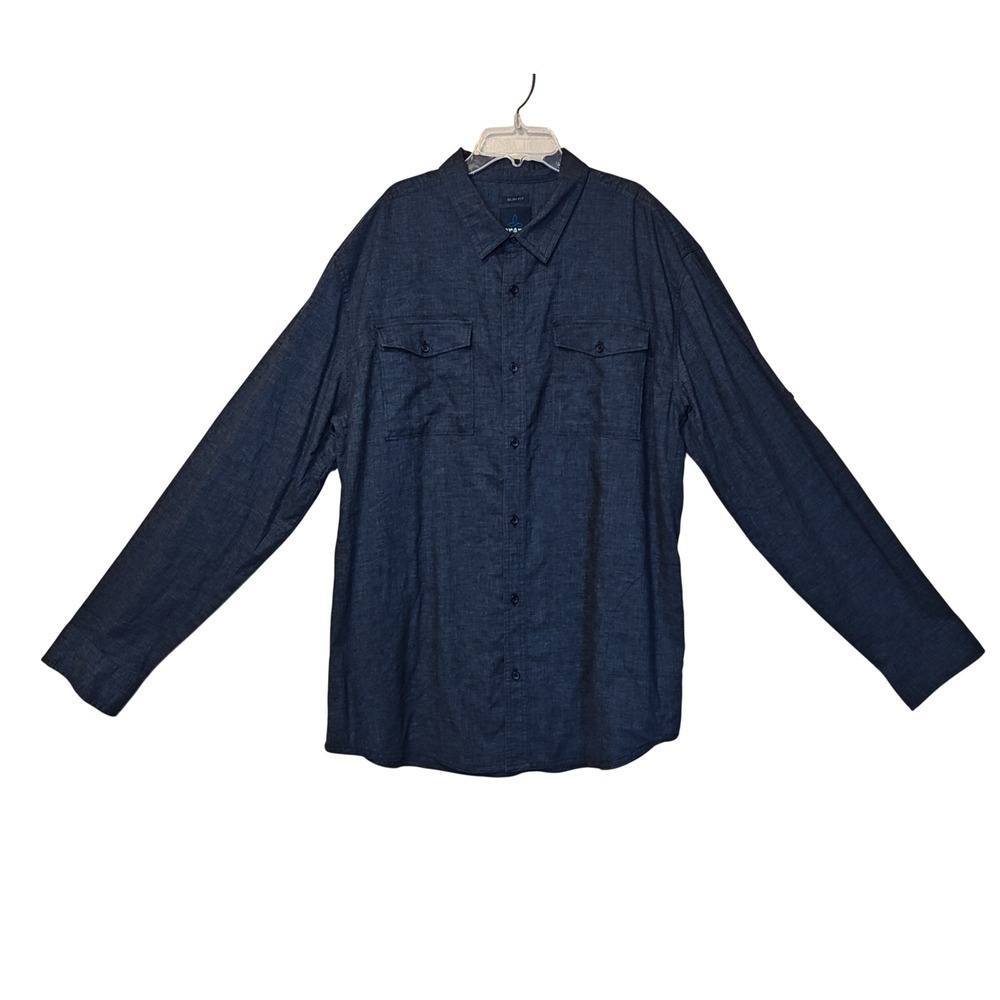 Prana Button Down Shirt Mens XXL Charcoal Blue‎ Hemp Blend Slim Fit M21191492